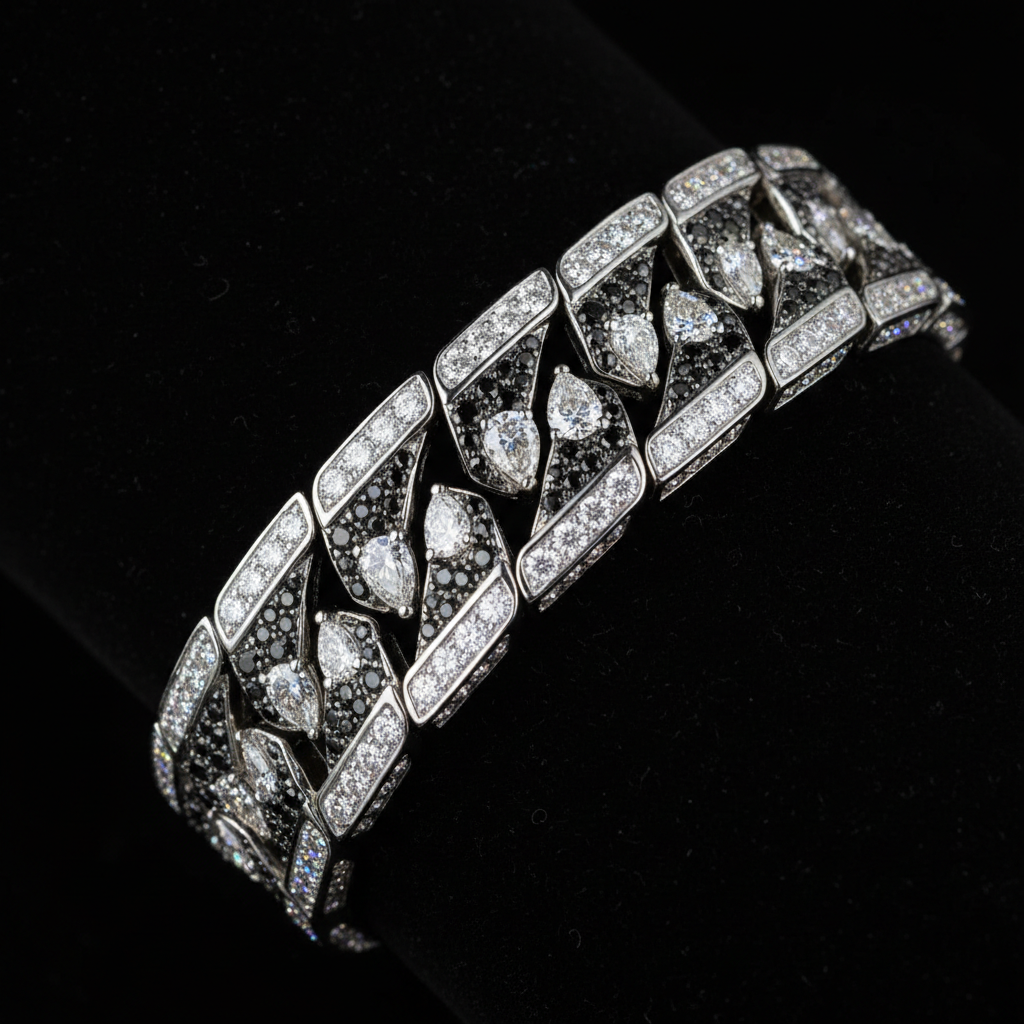 Luxury Customized Multi-Metals Cuban Link Bracelet — Black, White Round & Pear Diamond Edition