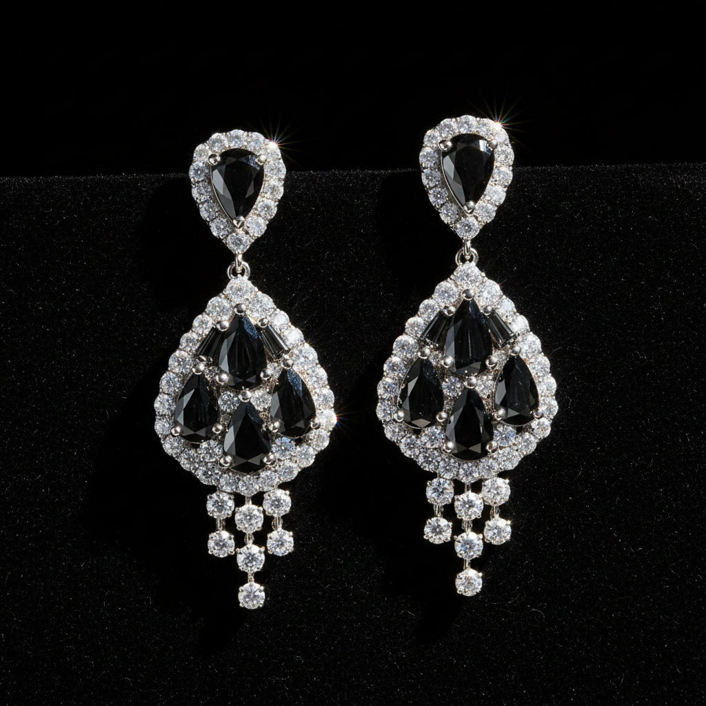 Pear-Shaped Black Baguette & VVS White Diamond Earrings — White Gold Bezel