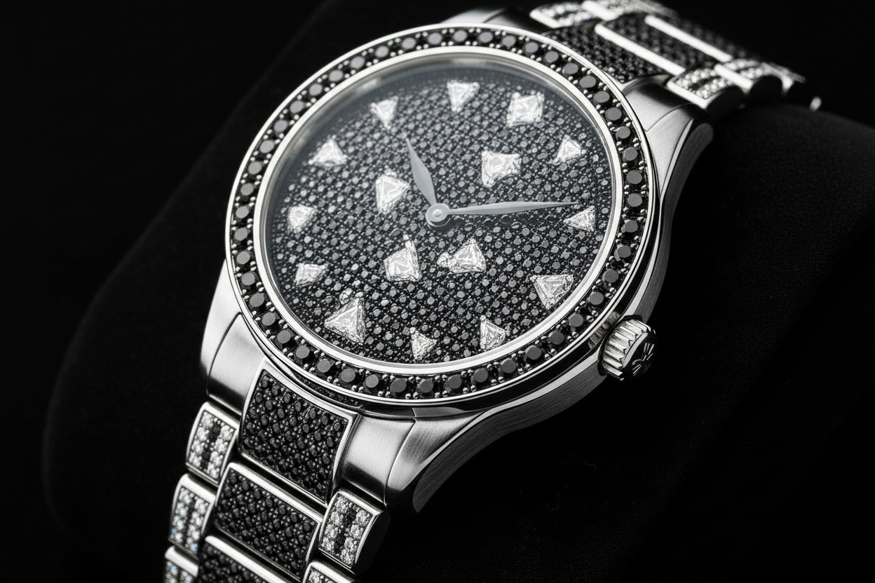 Luxury Patek Philippe Style Black & White Diamond Watch — White Gold Edition