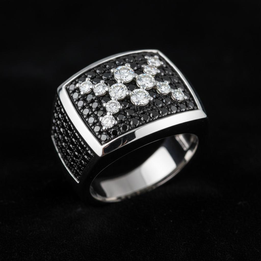 VVS Black Diamond & White Gold Finger Ring — White Diamonds Over Black