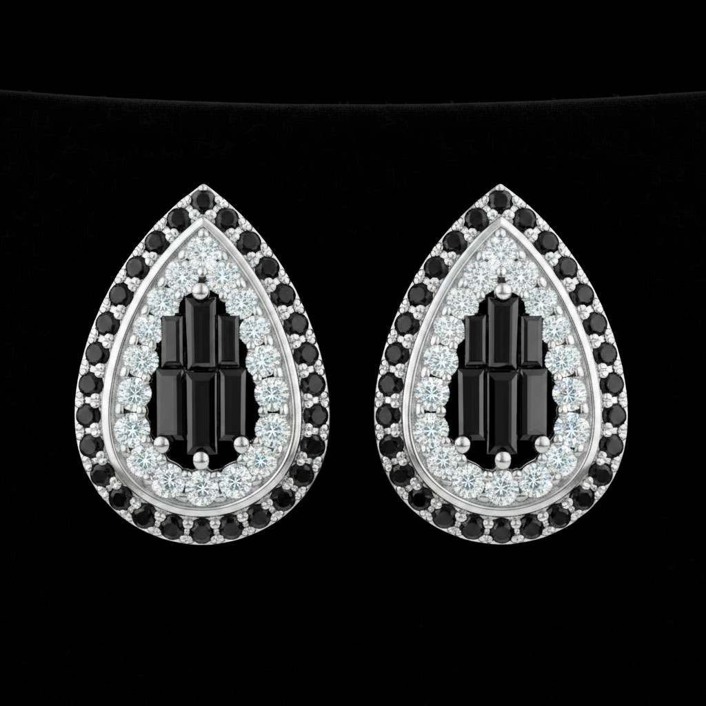 Pear-Shaped Black Baguette & VVS White Diamond Earrings — White Gold Bezel